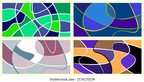 Abstract neurography. A set of 4 templates. Wavy stripes divide the plane into sectors. Neurographic design. Abstract bright pattern for cover, background, wallpaper.