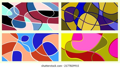 Neurografía abstracta. Un conjunto de 4 plantillas. Las rayas onduladas dividen el avión en sectores. Diseño neurográfico. Resumen de patrones brillantes para la cubierta, fondo, papel pintado.