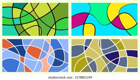 Abstract neurography. A set of 4 templates. Wavy stripes divide the plane into sectors. Neurographic design. Abstract bright pattern for cover, background, wallpaper.