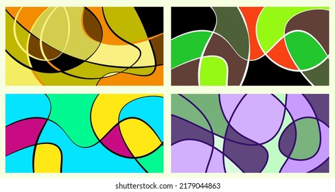 Abstract neurography. A set of 4 templates. Wavy stripes divide the plane into sectors. Neurographic design. Abstract bright pattern for cover, background, wallpaper.