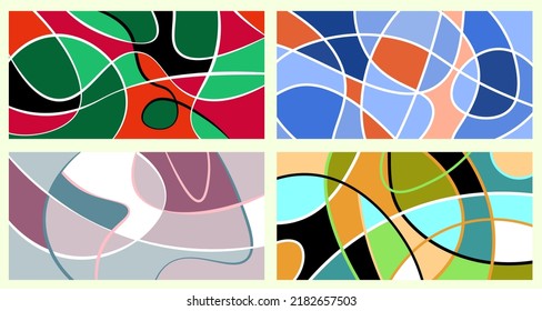 Abstract neurography. A set of 4 templates. Wavy stripes divide the plane into sectors. Neurographic design. Abstract bright pattern for cover, background, wallpaper.