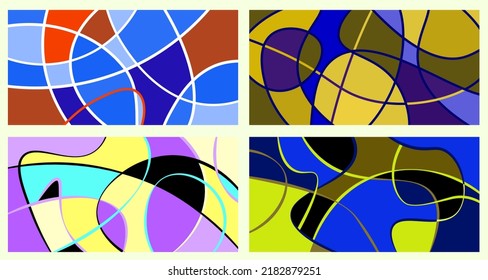 Abstract neurography. A set of 4 templates. Wavy stripes divide the plane into sectors. Neurographic design. Abstract bright pattern for cover, background, wallpaper.