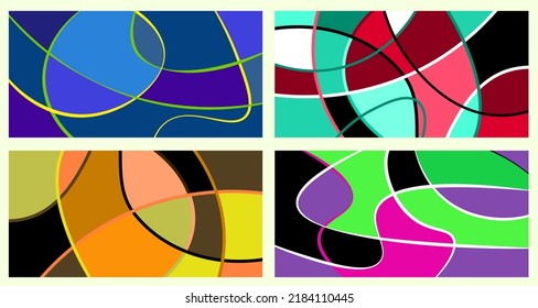 Abstract neurography. A set of 4 templates. Wavy stripes divide the plane into sectors. Neurographic design. Abstract bright pattern for cover, background, wallpaper.