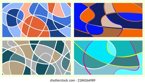 Abstract neurography. A set of 4 templates. Wavy stripes divide the plane into sectors. Neurographic design. Abstract bright pattern for cover, background, wallpaper.