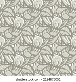 Abstract neutral mint leaves textural vector seamless pattern background. backdrop with lino or mono block print style beige ecru peppermint herb foliage. Overlapping botanical and drawn texture