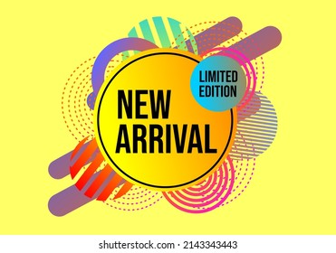 abstract new arrival banner with geometric ornament and yellow background
