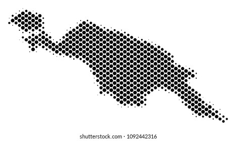 Abstract New Guinea Island map. Vector halftone territory plan. Cartographic pixel composition. Schematic New Guinea Island map is made of regular circle item pattern.