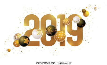 Abstract new year 2019 greeting card design with 3d white, black and gold Christmas balls . Elements are layered separately in vector file.