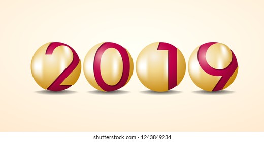 Abstract new year 2019, vector creative text and golden balls