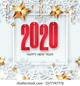 Abstract New Year 2020 banner design with frame, beauty background, golden stars, snowflakes and ribbons