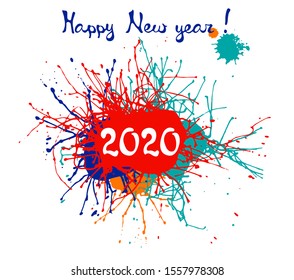 Abstract New Year 2020 design. Bright ink splashes. red, orange, indigo colors. Vector illustration isolated on white background.