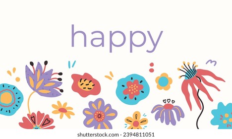 Abstract New Year 2024 modern bold flowers hand painted simple naive art design for branding cover, cards, posters, website banner. Abstract hand drawn cute illustrations