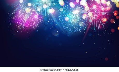 Abstract new year background with colorful fireworks and christmas lights. Vector festive illustration