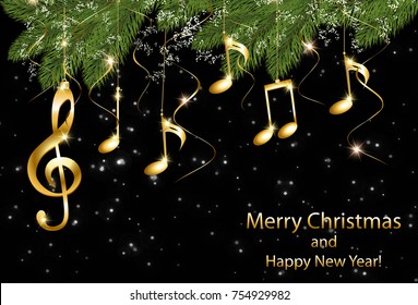 Abstract New Year background with musical notes and treble clef on a Christmas tree branch