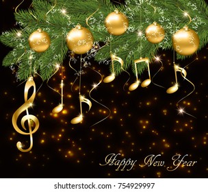 Abstract New Year background with musical notes and treble clef on a Christmas tree branch