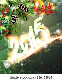 Abstract new year background with sparkles, ribbons, fir branches and cones