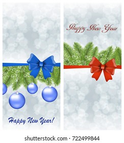Abstract New Year background with spruce branches and gift bows