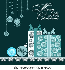 Abstract New Year background. Template for banner, posters, invitation in party or greeting card for the winter holidays in retro style with elegant stylized christmas balls and gifts