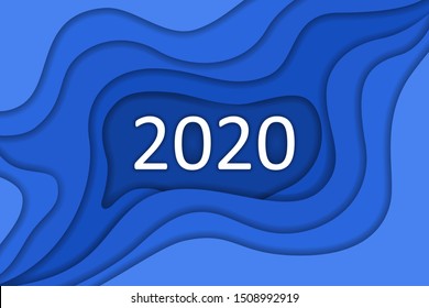Abstract New Year blue wavy paper cut background with 2020 number. Festive Christmas event layered banner, trendy cutout cover illustration