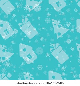 Abstract, New Year, Christmas seamless background with transparent houses, trees, gifts and snowflakes. Vector illustration.