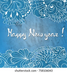 Abstract New Year design. Textured blue background with white doodle pattern. Vector illustration.