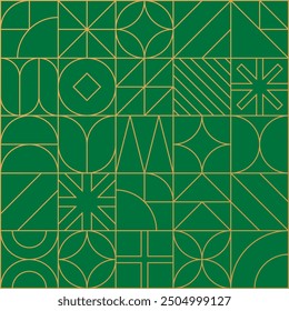 Abstract New Year outline geometric seamless pattern in retro style with basic elements, snowflake, xmas tree, gift. Golden lines on green background. Vector illustration EPS10