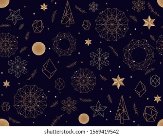 Abstract New Year pattern. Golden christmas snowflake on dark blue background. Seamless ornament for decor, wallpaper, gift paper and design of New Year's souvenirs
