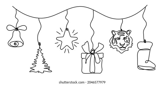 Resumen de juguetes de año nuevo como dibujo continuo de línea sobre fondo blanco. Vector
