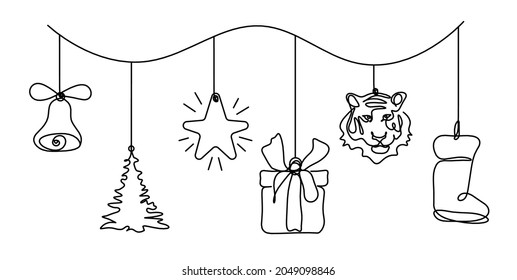 Abstract new year toys as continuous line drawing on white background. Vector