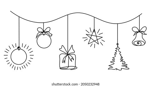 Resumen de juguetes de año nuevo como dibujo continuo de línea sobre fondo blanco. Vector