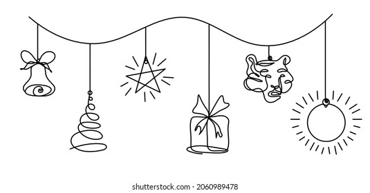 Abstract new year toys as continuous line drawing on white background. Vector