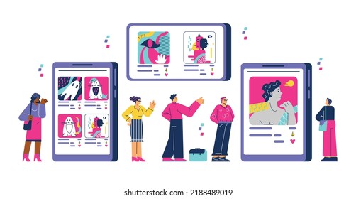 Abstract NFT art concept with people in digital gallery or museum, flat vector illustration on white background. Crypto art on mobile screens. Characters buying and selling art for cryptocurrency.