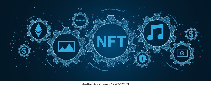 Abstract NFT nonfungible tokens concept on dark background. Cogs and gear wheel mechanisms concept. wireframe low polygonal blue mesh with dots, lines, and shapes.