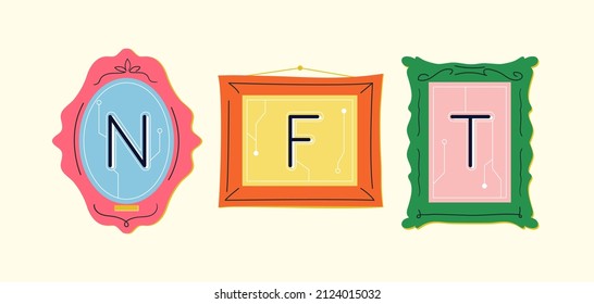 Abstract NFTs in bright frames. Colorful retro and vintage picture frames. Digitization of art. Modern technologies. Hand-drawn vector illustration. Flat design.
