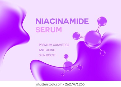 Abstracte Niacinamide serum illustratie, premium anti-aging cosmetische product achtergrond. Gloeiende moleculaire structuur, lichtpaarse achtergrond. Geweldig voor wetenschappelijke schoonheidsmarketing, huidverzorgingsbanner