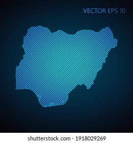 Resumen de la plantilla de mapa de Nigeria hecha de líneas diagonales azules en fondo oscuro. Ilustración del vector EPS10.