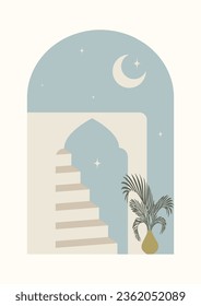 Abstract night architecture stairs illustration poster. Minimalistic arabic night art.