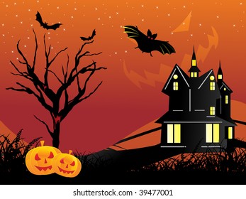 abstract night background with house, retro tree and pumpkin