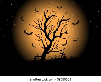 abstract night background with retro tree, flying bat