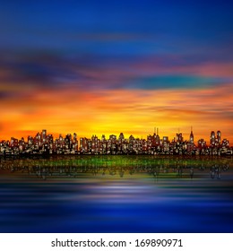 abstract night background with silhouette of city and golden sunset
