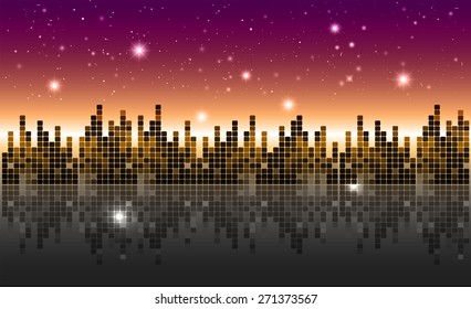 abstract night background with silhouette of city. Vector illustration of apartment blocks in a city at night. purple orange sky. star.