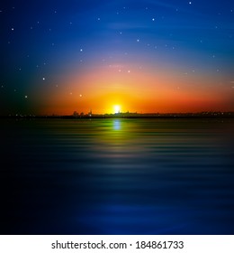 abstract night background with sunrise and silhouette of city