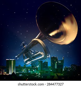 abstract night blue background with city and trumpet