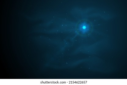 Abstract night blue sun lens flare translucent special light effect design. Vector blur glow glare with dust particles and cloudy haze. Dark mysterious background. Star burst rays accent spotlight