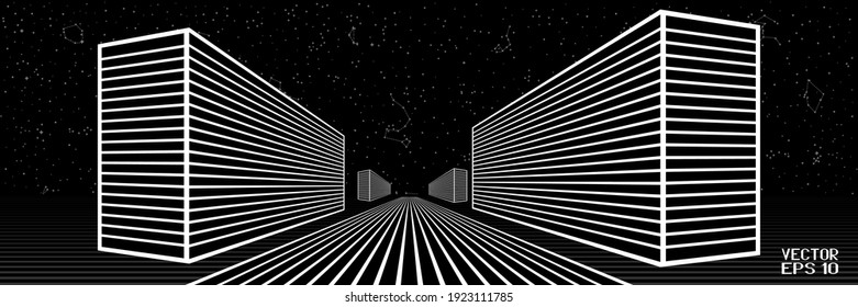 Abstract Night City. Black and White Urban Landscape. Graphical Silhouette of Buildings Isolated on Black Background. Vector. 3D Illustration