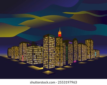 Abstractas noche Escena del edificio de la ciudad, Ilustración vectorial. Antecedentes Urbanas. Abstractas ciudad futurista. Prospecto