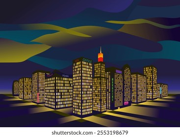 Escena Abstractas del edificio de la ciudad de la noche, Ilustración vectorial. Antecedentes Urbanas. Abstractas ciudad futurista. Prospecto