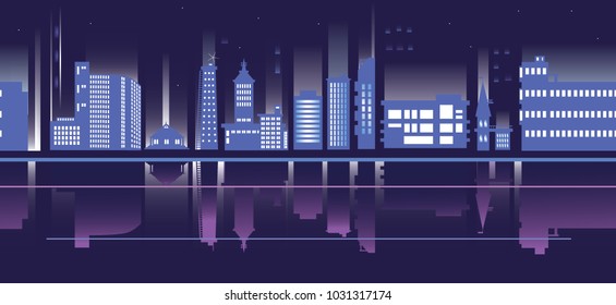 Abstract night cityscape. The city is reflected in the water. Seamless wallpaper. Light art.
