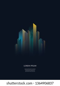 Abstract night cityscape skyline vector background. Geometric shapes of buildings, skyscrapers in perspective. Neon and gold colors, luxury style, isolated. Eps10 vector illustration.