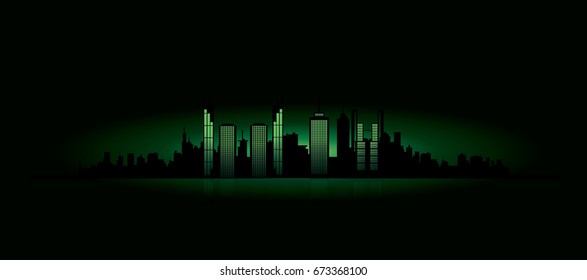 abstract night cityscape vector illustration.  buildings, city lights and reflection